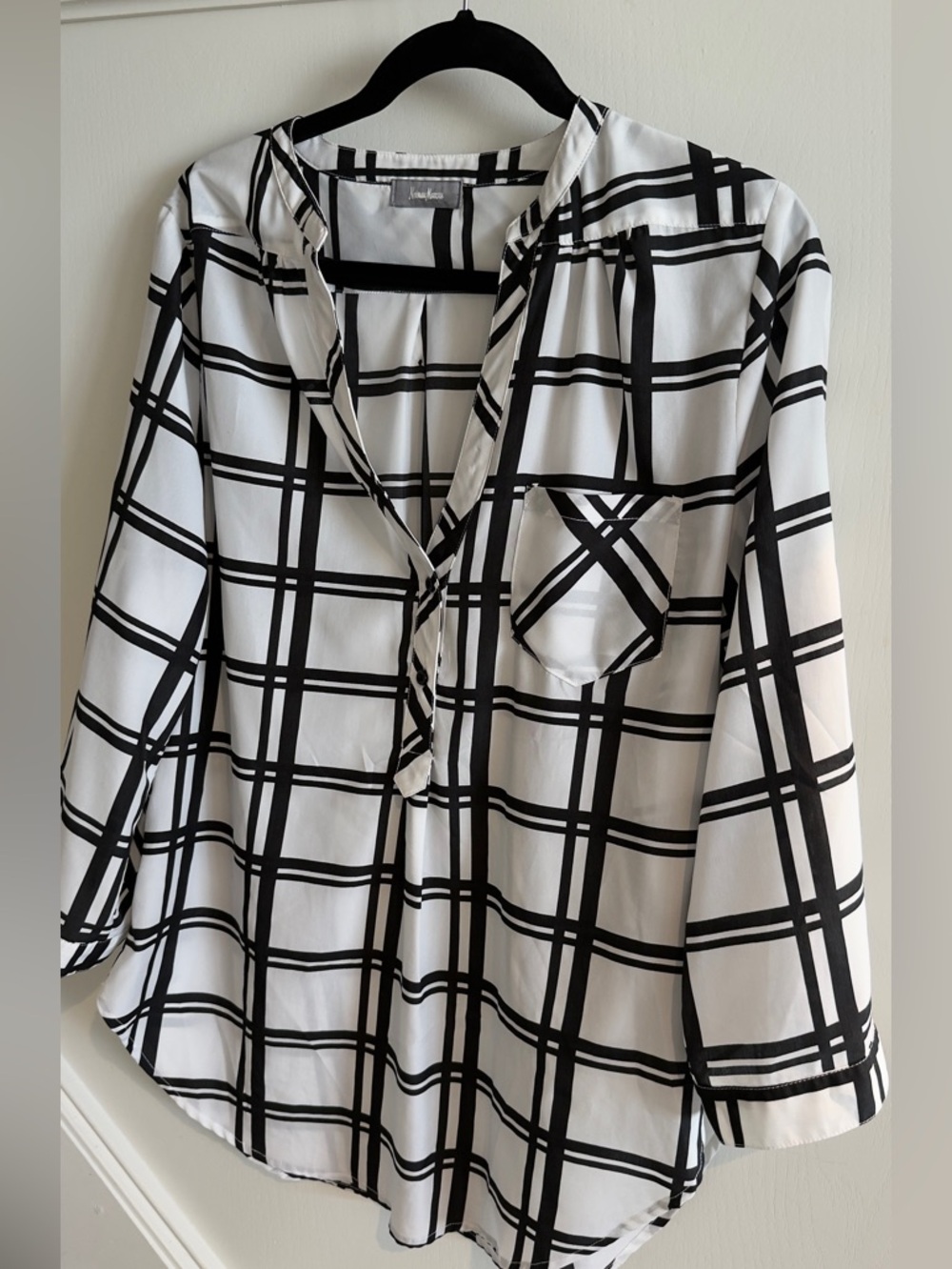 Neiman Marcus Black and White Plaid Button-Down Blouse